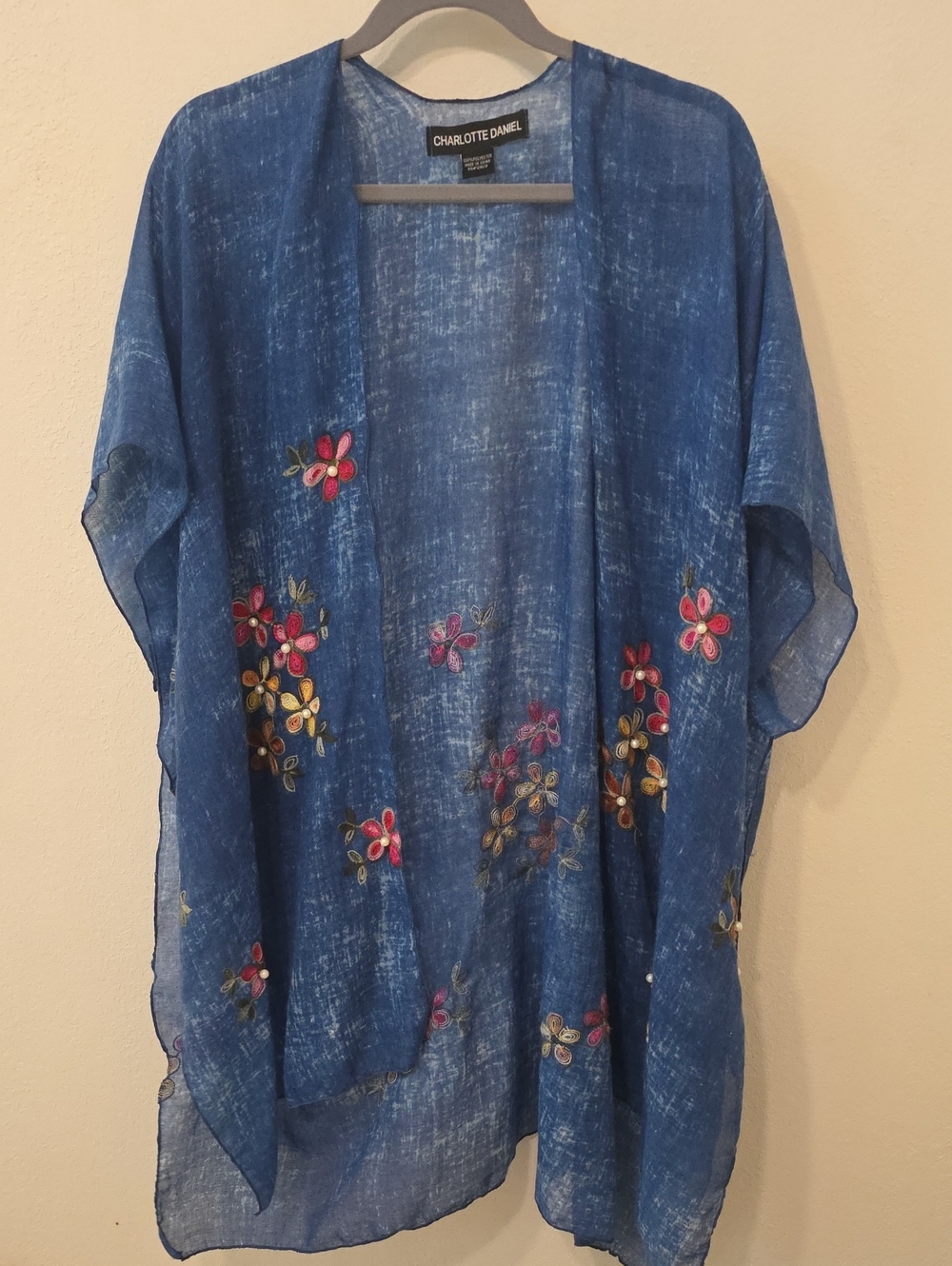 Charlotte Daniel Kimono With Floral Embroidery And Faux Pearls